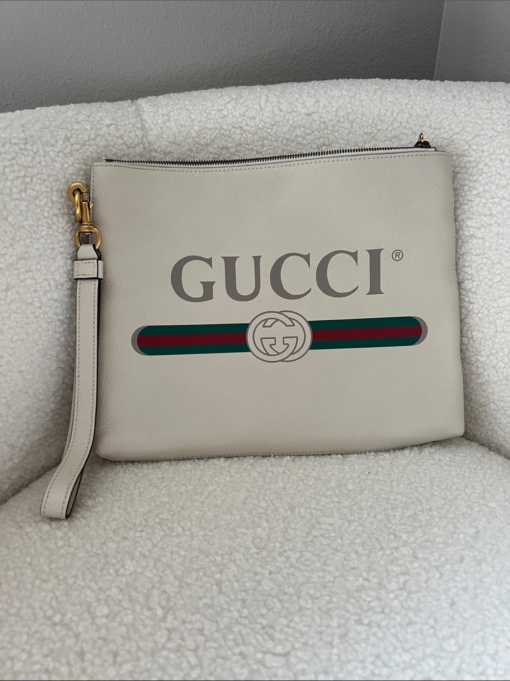 Gucci Cream Leather Wristlet with Green-Red Web Stripe